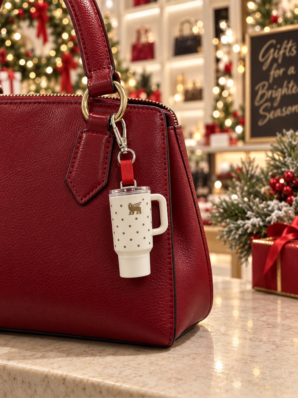 Stanley Red Leather Satchel with Festive Mug Charm